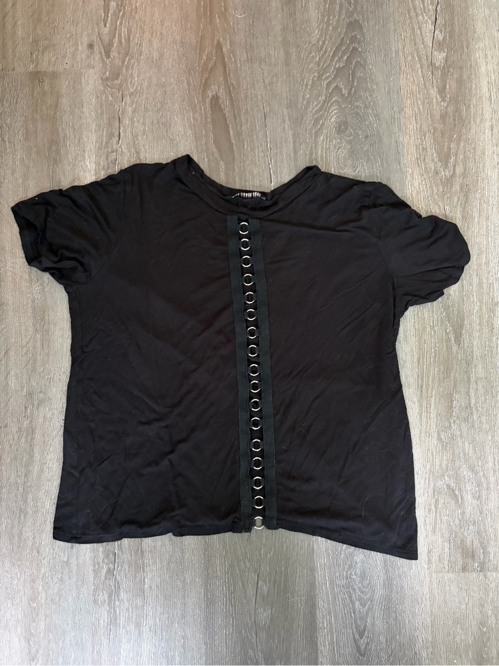 Black Short Sleeve Tee with Front Grommet Detail